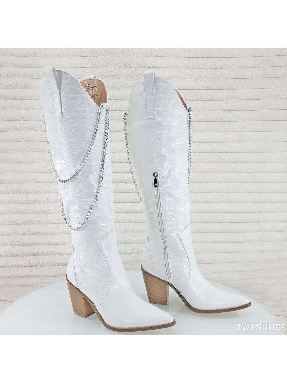 Dallas White Snake Texture Western Knee High Draped Chain Cowgirl Boots